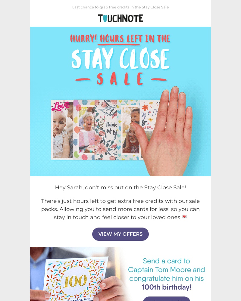TouchNote - Hurry! There's just hours left to grab free credits, Sarah ⏰