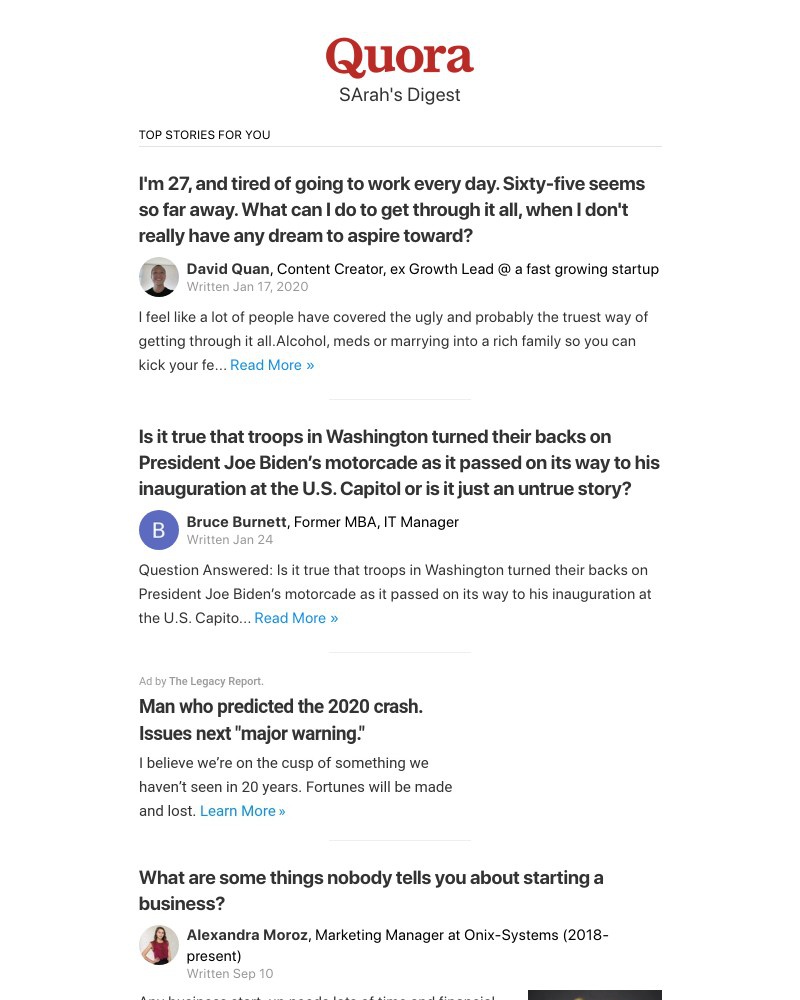 Quora - I'm 27, and tired of going to work every day. Sixty-five seems so far away. What can...?