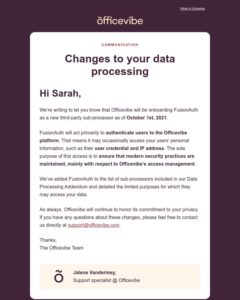 Officevibe - Important: Changes to your data processing