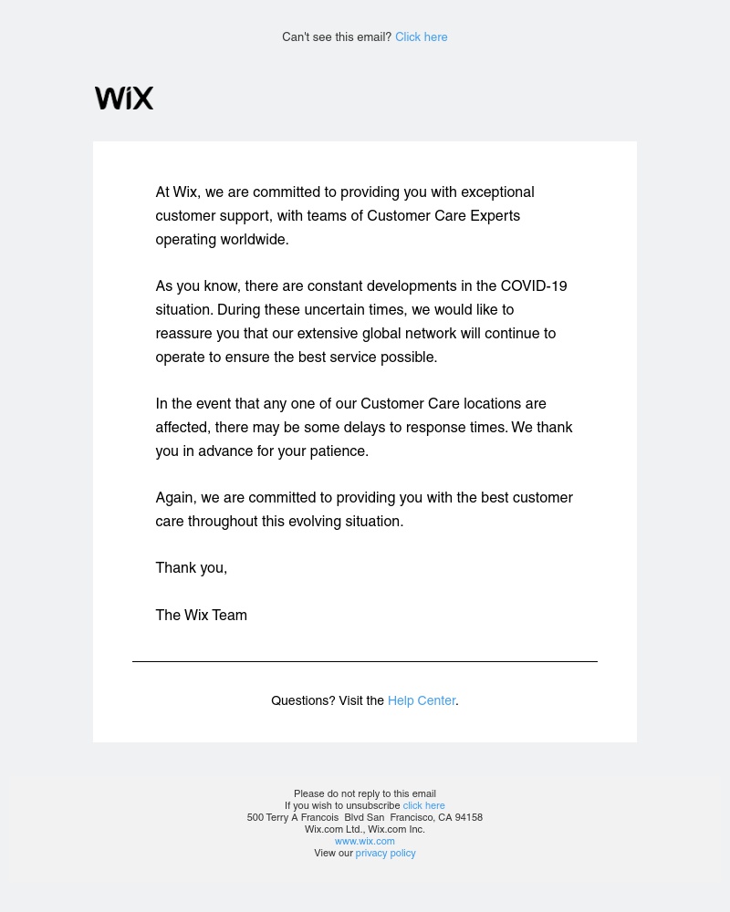 Wix - Important Update About Your Customer Care