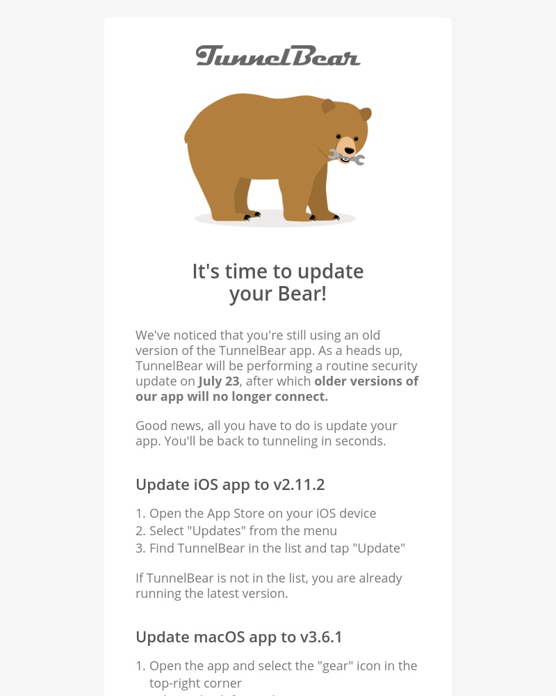  - Important - Update your TunnelBear before July 23