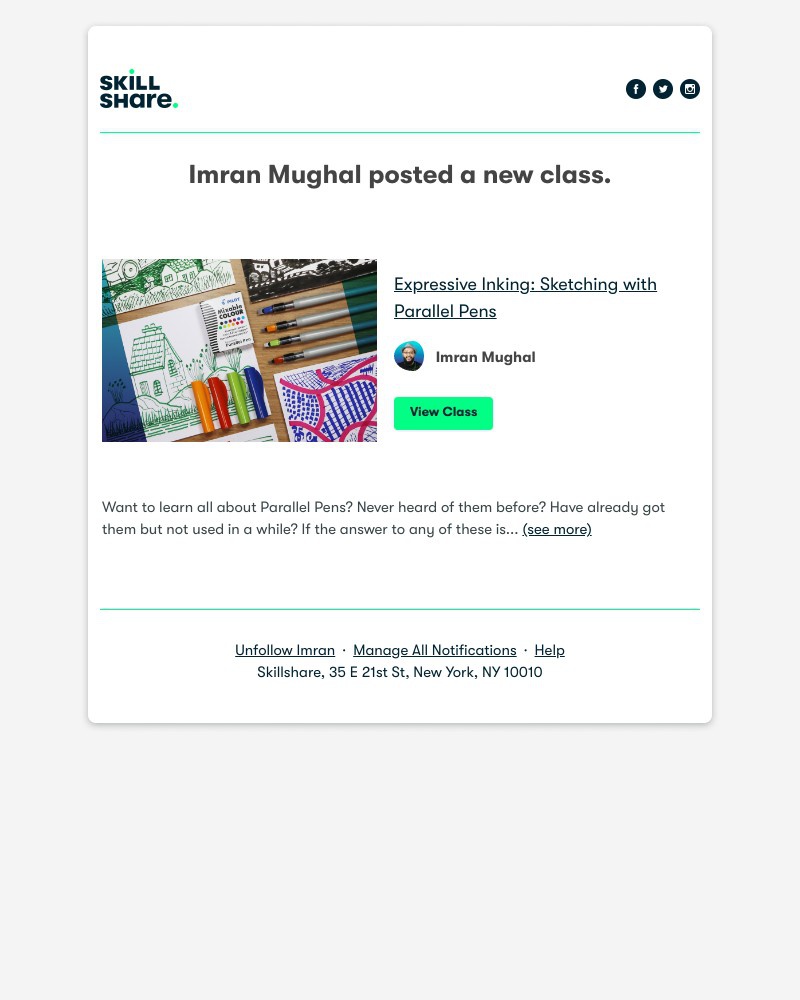 Skillshare - Imran Mughal posted a new class: "Expressive Inking: Sketching with Parallel Pens"