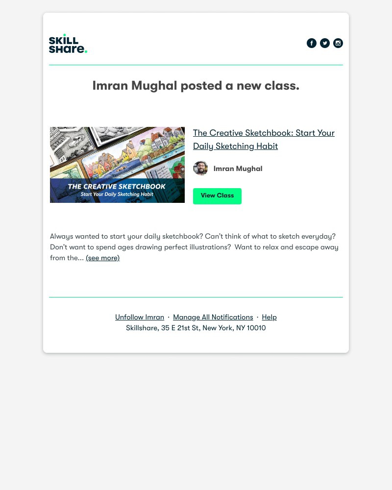 Skillshare - Imran Mughal posted a new class: "The Creative Sketchbook: Start Your Daily Sketching Habit"