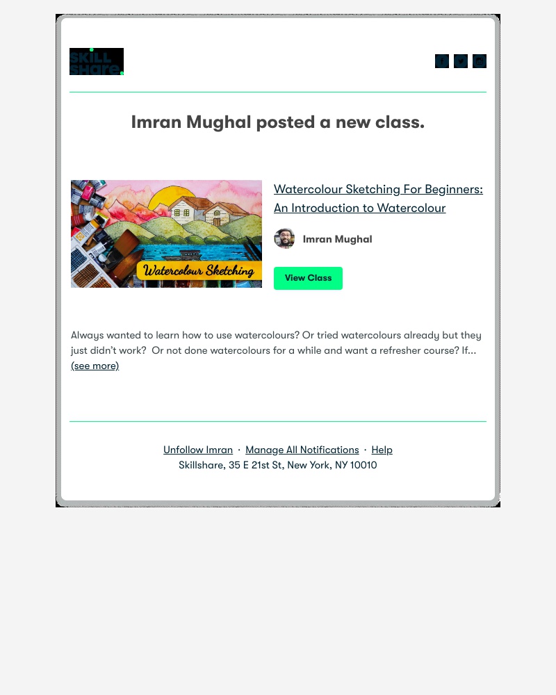 Skillshare - Imran Mughal posted a new class: "Watercolour Sketching For Beginners: An Introduction to Watercolour"