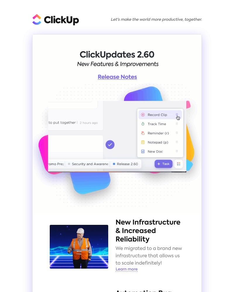ClickUp - Infrastructure Upgrade, 100+ Bug Fixes, Pinned Action Buttons