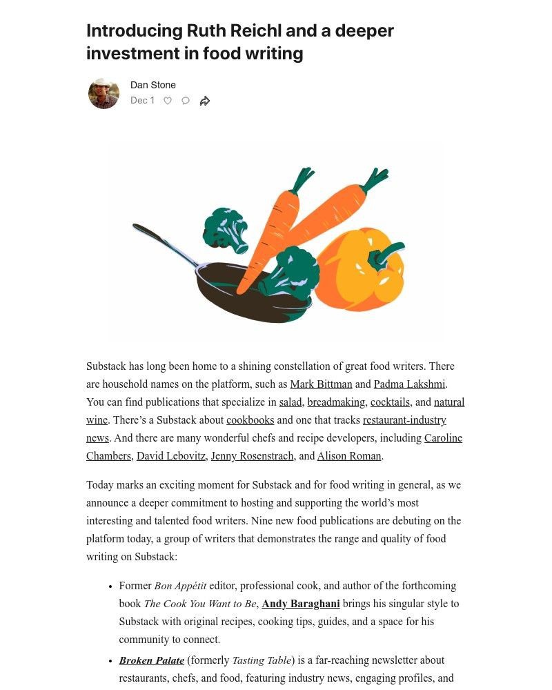 Substack - Introducing Ruth Reichl and a deeper investment in food writing