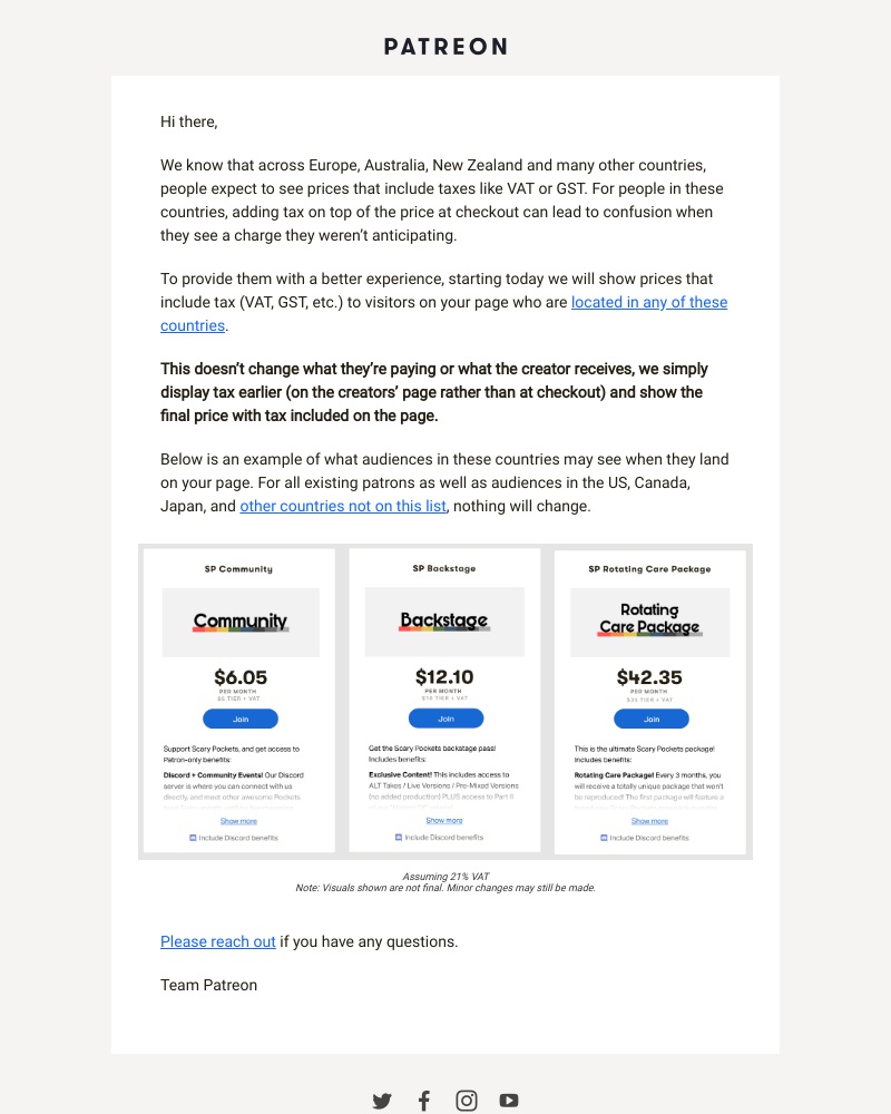 Patreon - Introducing tax inclusive pricing for specific countries