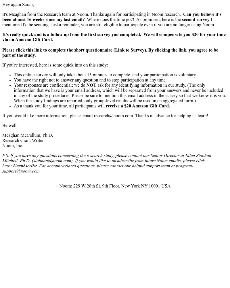Noom - Invitation to participate in research survey [$20 FOR YOUR RESPONSE!]