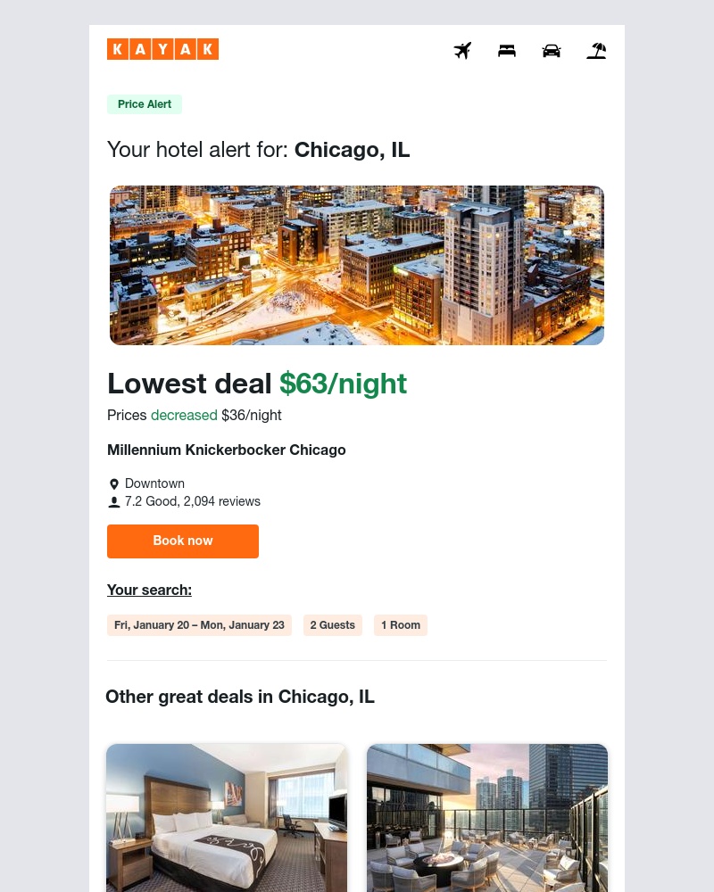 Kayak - Jackpot: Hotel prices dropped $36 in Chicago, IL!