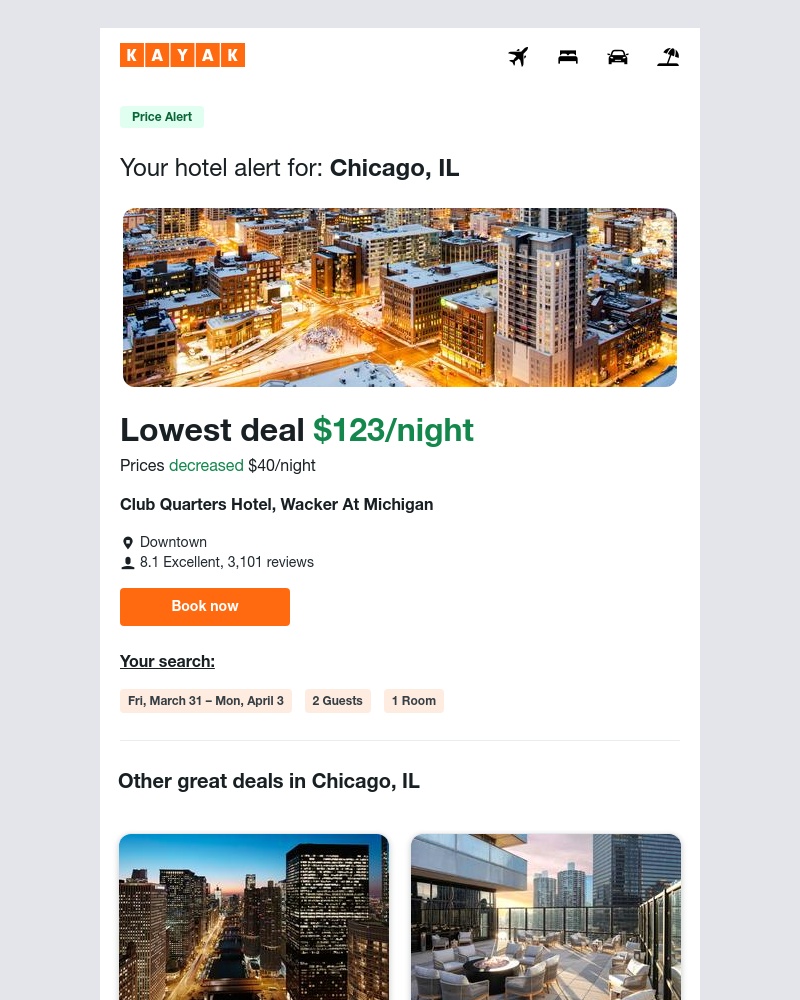 Kayak - Jackpot: Hotel prices dropped $40 in Chicago, IL!