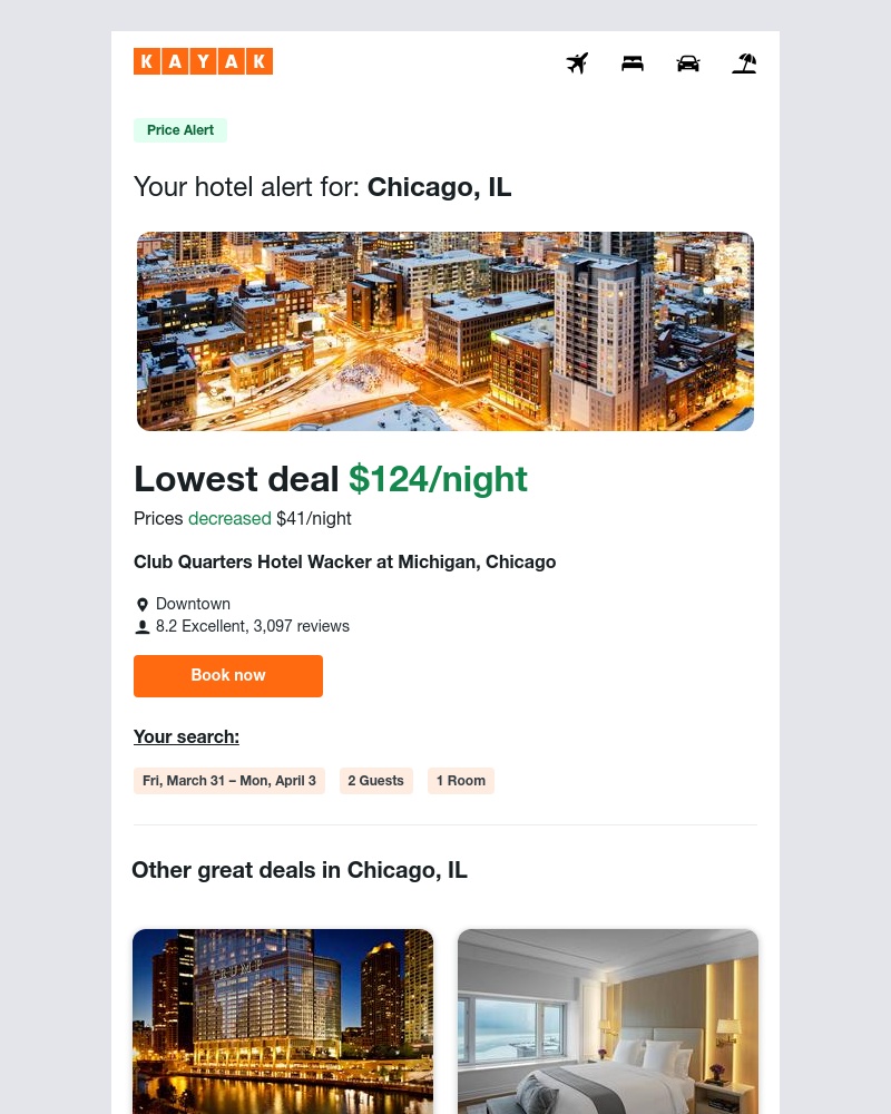 Kayak - Jackpot: Hotel prices dropped $41 in Chicago, IL!