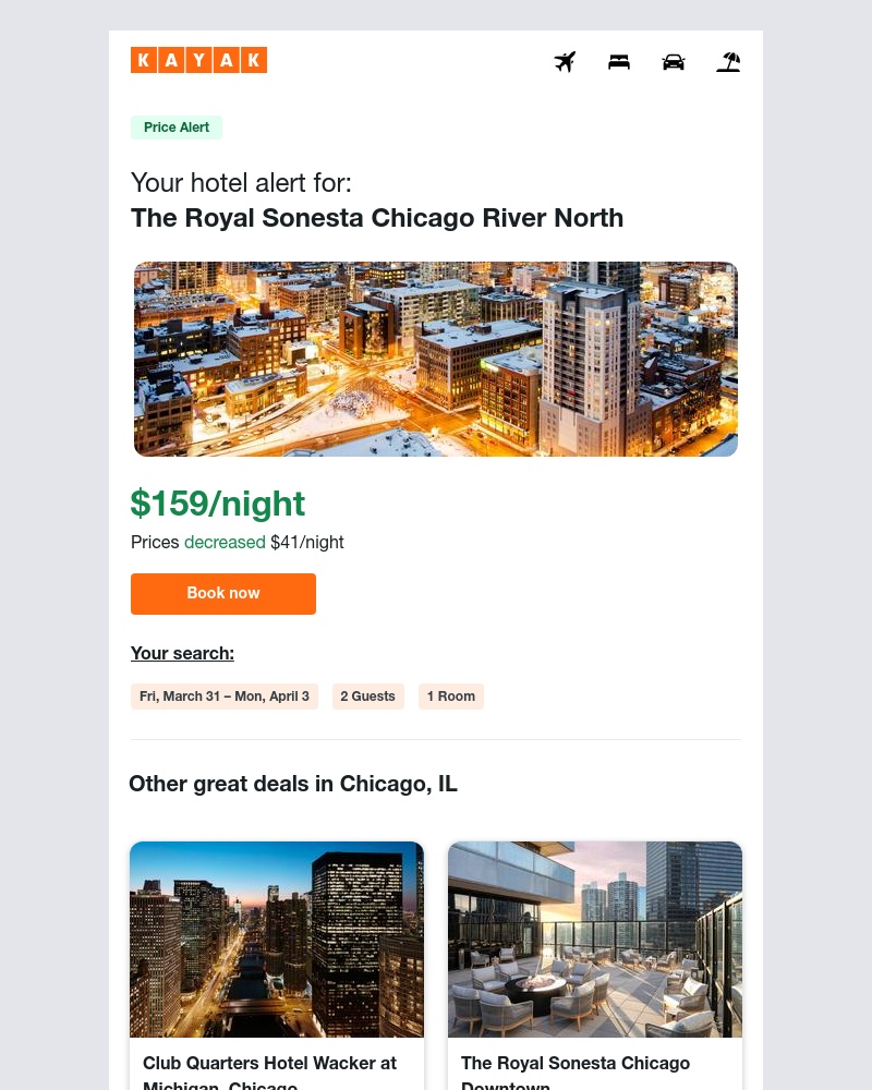 Kayak - Jackpot: Hotel prices dropped $41 in Chicago, IL!