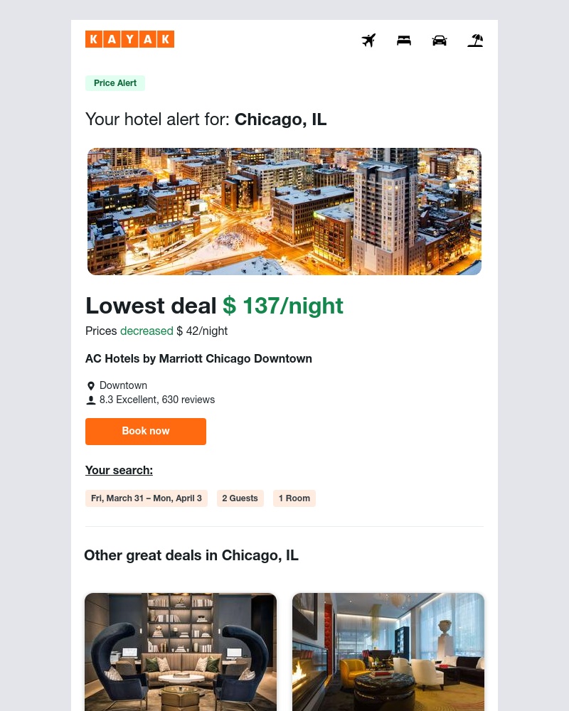 Kayak - Jackpot: Hotel prices dropped $ 42 in Chicago, IL!