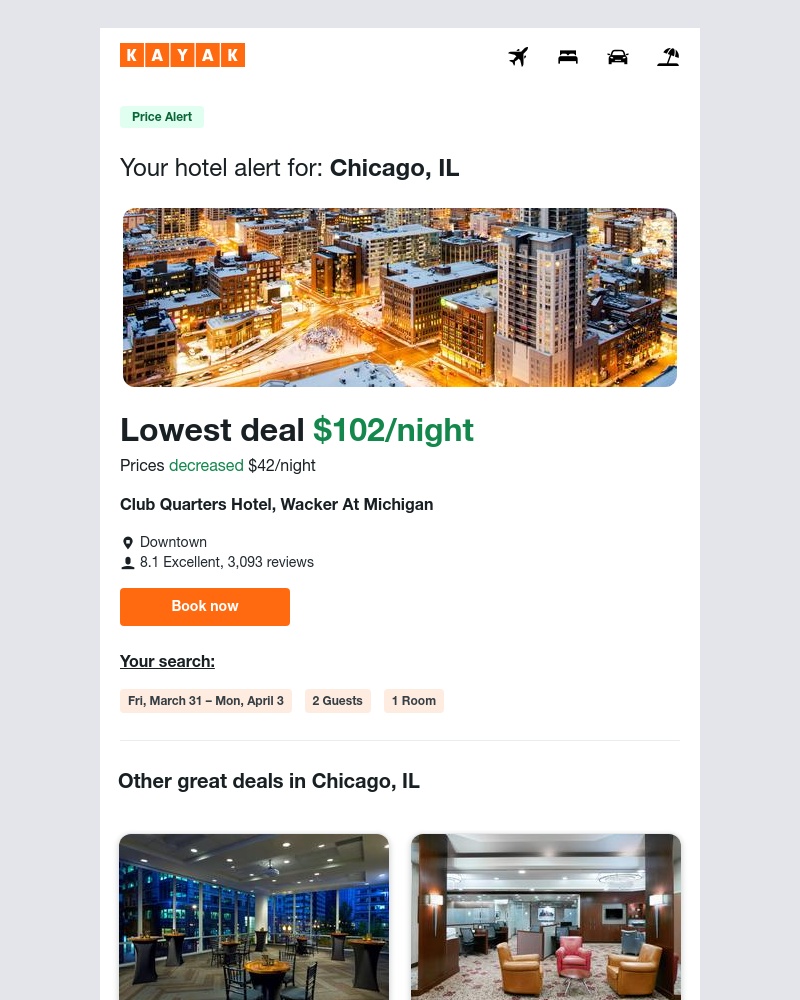 Kayak - Jackpot: Hotel prices dropped $42 in Chicago, IL!
