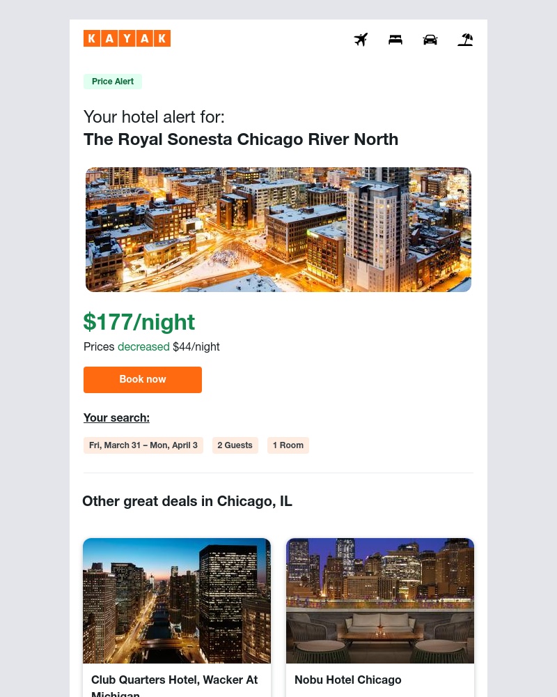 Kayak - Jackpot: Hotel prices dropped $44 in Chicago, IL!