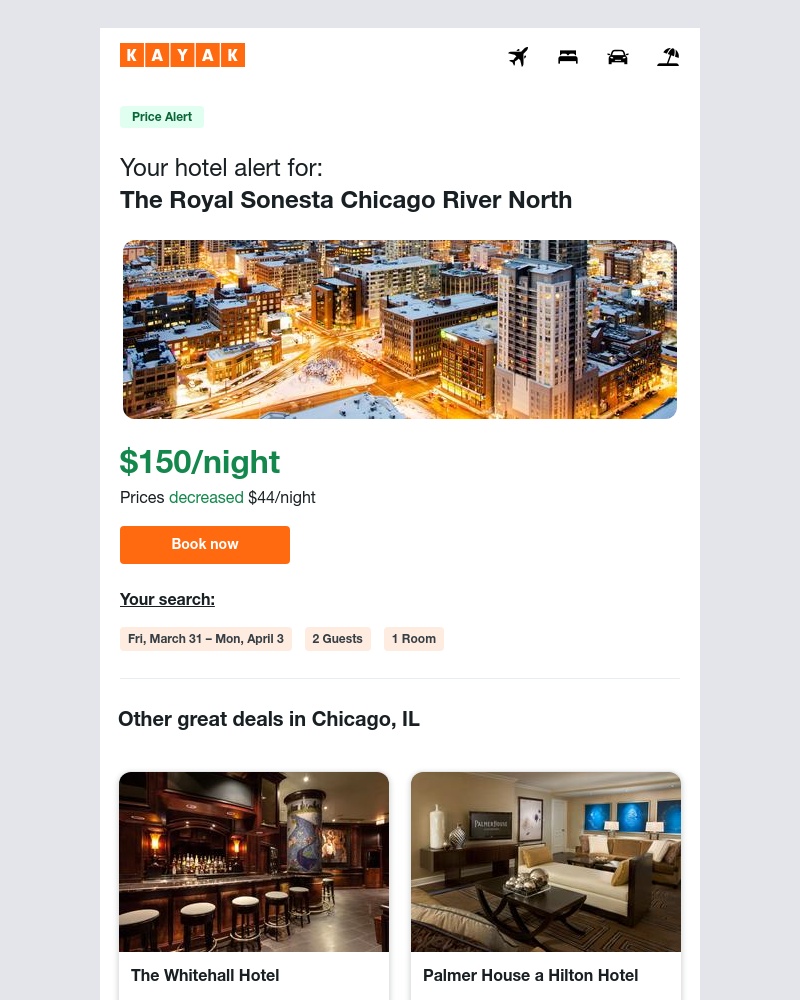 Kayak - Jackpot: Hotel prices dropped $44 in Chicago, IL!