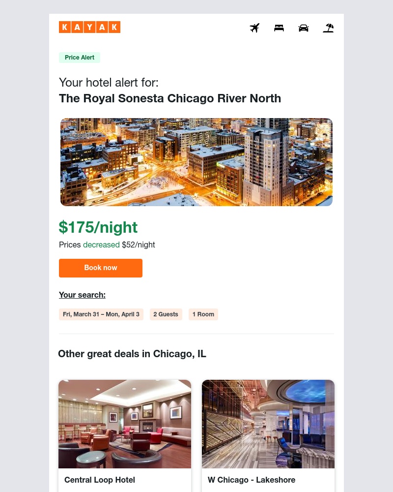 Kayak - Jackpot: Hotel prices dropped $52 in Chicago, IL!