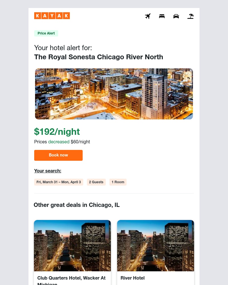Kayak - Jackpot: Hotel prices dropped $60 in Chicago, IL!