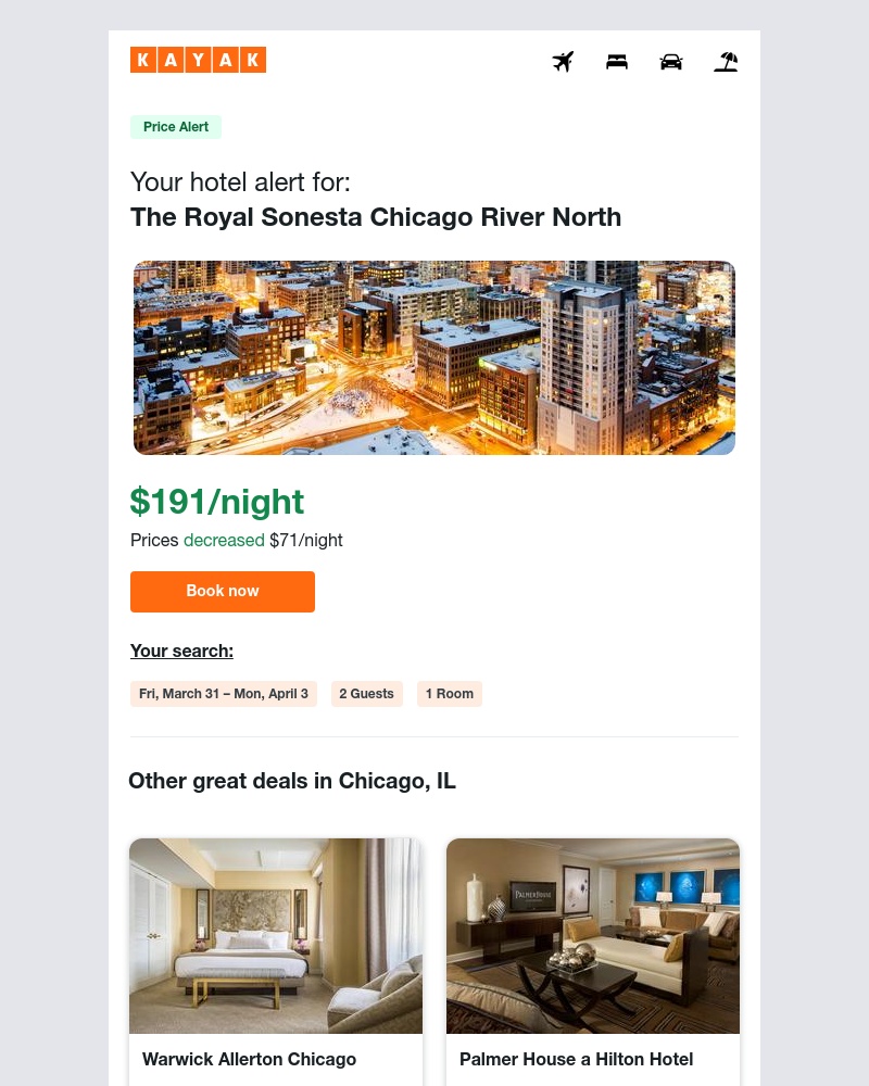 Kayak - Jackpot: Hotel prices dropped $71 in Chicago, IL!