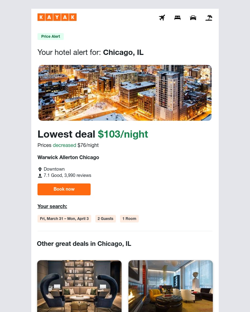 Kayak - Jackpot: Hotel prices dropped $76 in Chicago, IL!