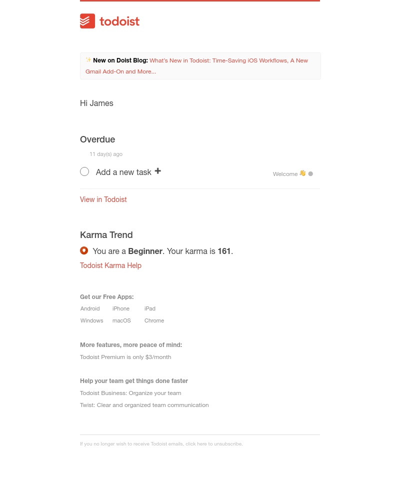 Todoist - James's tasks for Feb 28 → 0 due, 1 overdue