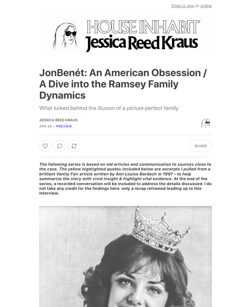Substack - JonBenét: An American Obsession / A Dive into the Ramsey Family Dynamics