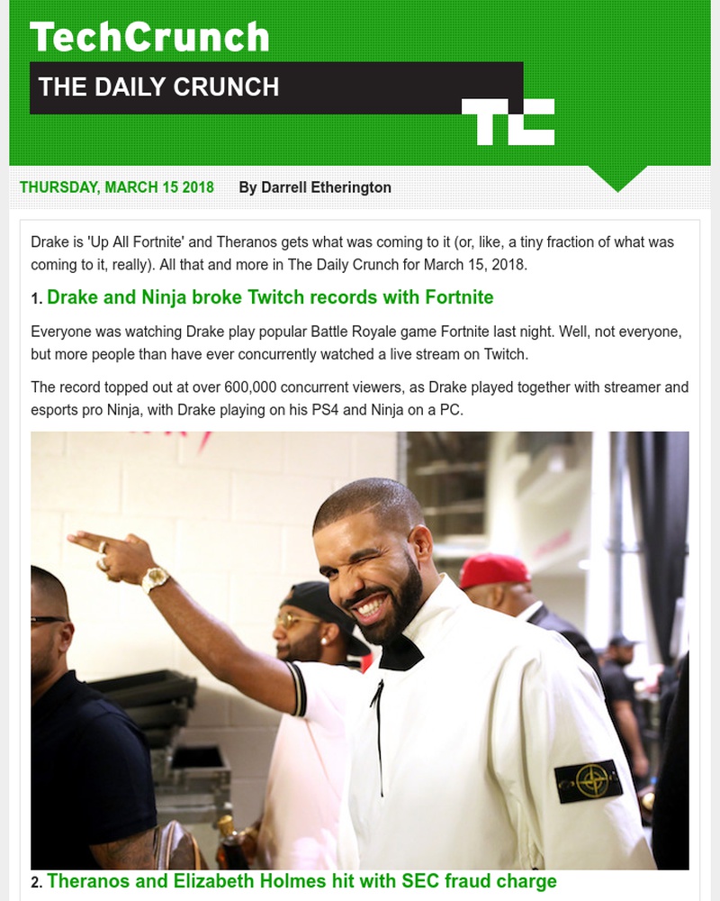  - Just like everyone, Drake likes Fortnite. It's The Daily Crunch.