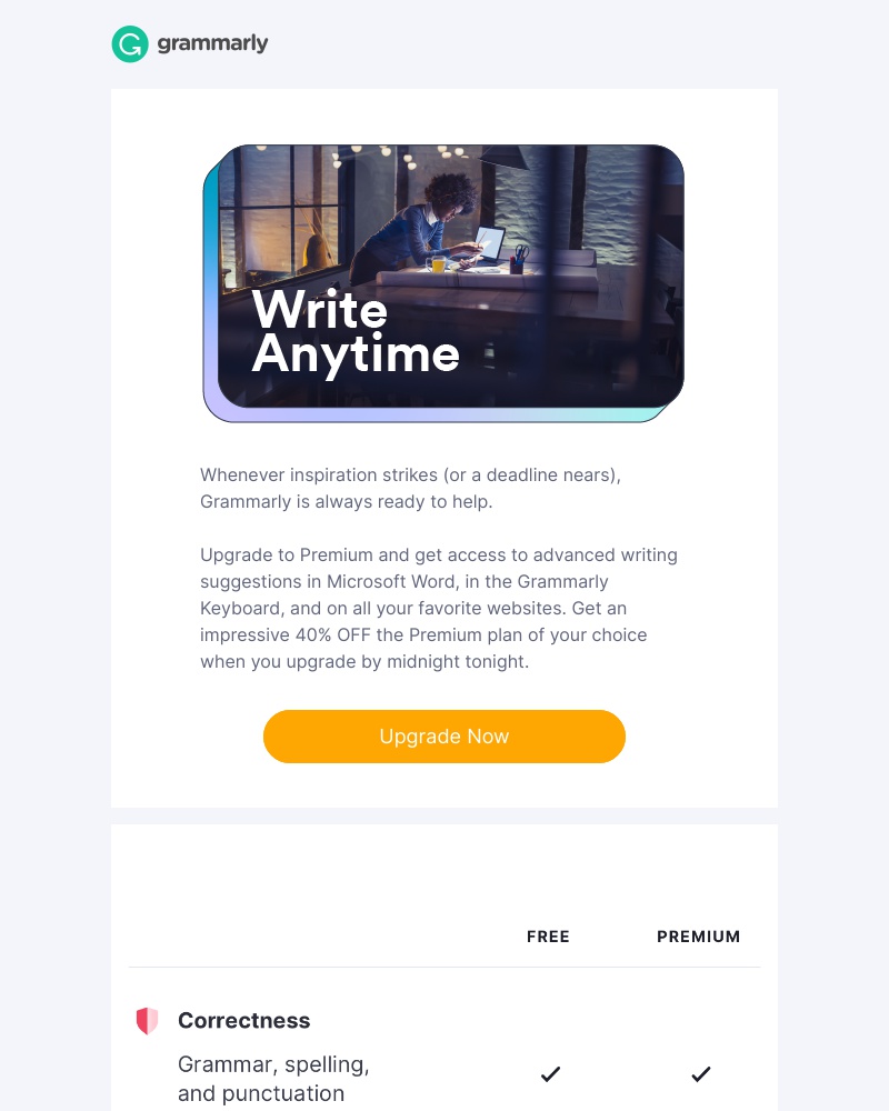 Grammarly - Last Chance for 40% OFF! Burning the midnight oil? Grammarly can help!