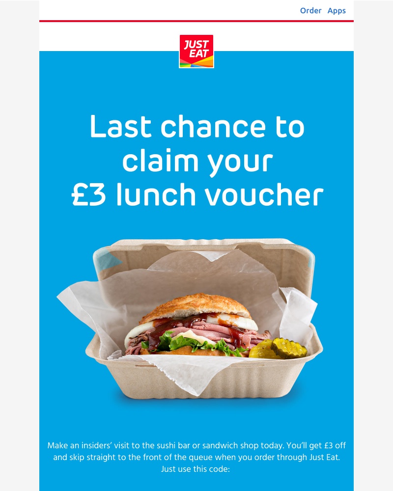Just Eat - Last chance to claim your £3 lunch voucher