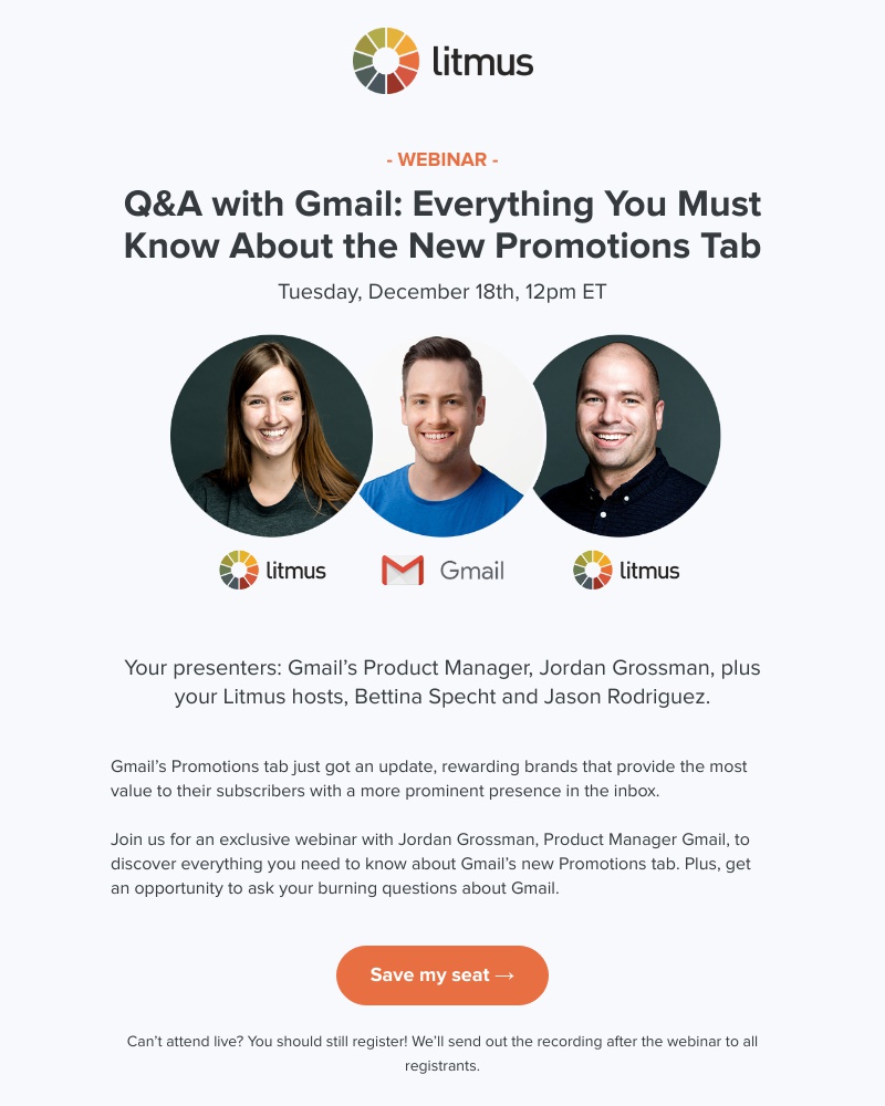 Litmus - Last chance to register for tomorrow's webinar with Gmail