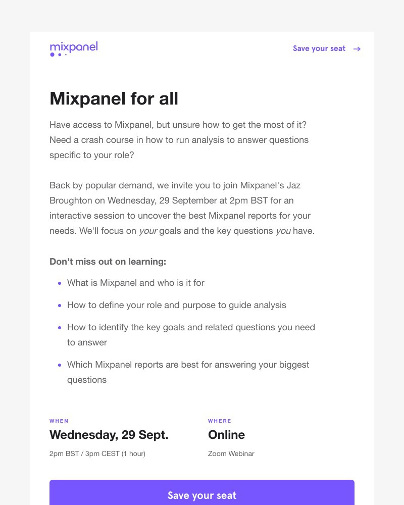 Mixpanel - ⏰Last day to register! Find the best Mixpanel report for your needs – join 29 Sept.