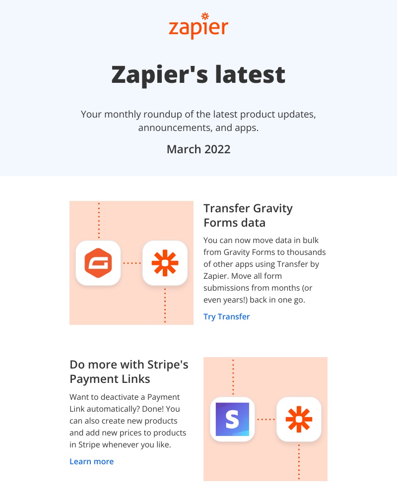 Zapier - Latest in March: Transfer Gravity Forms data in bulk, 13 new apps, and 13 updates