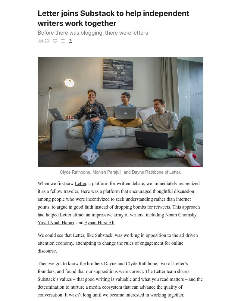 Substack - Letter joins Substack to help independent writers work together