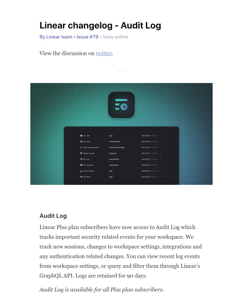 Linear - Linear changelog - Audit Log