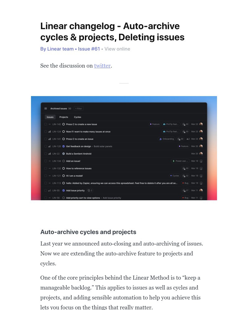 Linear - Linear changelog - Auto-archive cycles & projects, Deleting issues