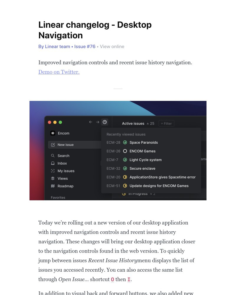 Linear - Linear changelog - Desktop Navigation