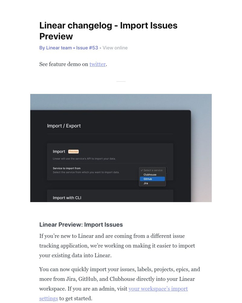Linear - Linear changelog - Import Issues Preview