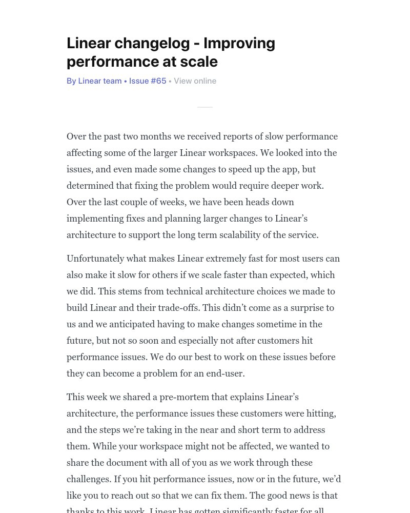 Linear - Linear changelog - Improving performance at scale