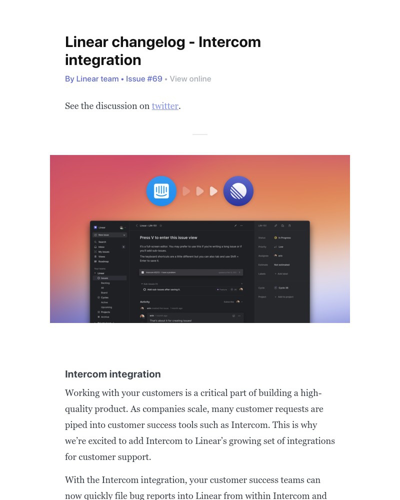 Linear - Linear changelog - Intercom integration