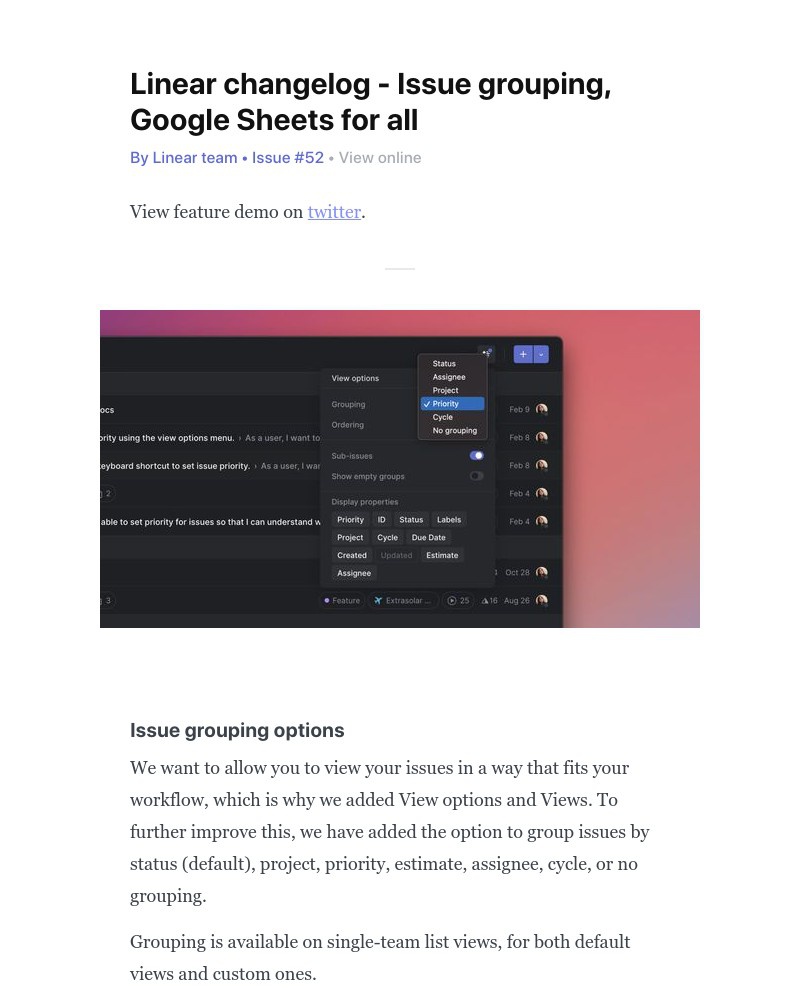 Linear - Linear changelog - Issue grouping, Google Sheets for all