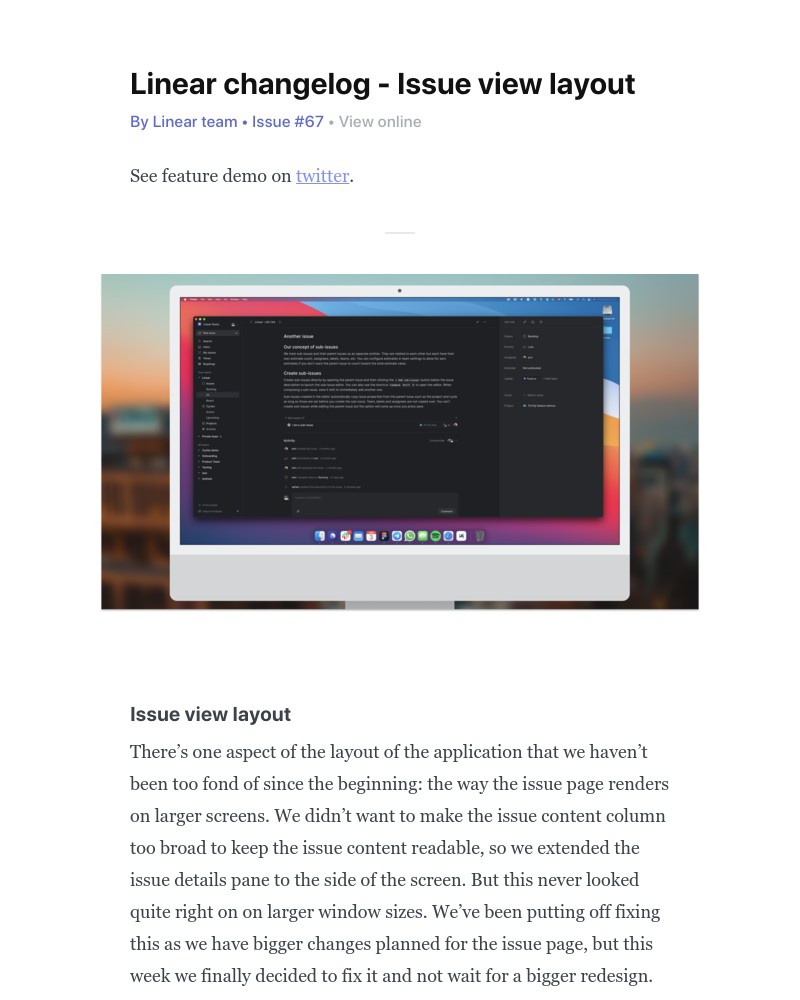 Linear - Linear changelog - Issue view layout