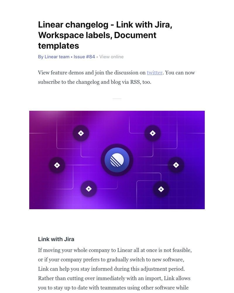 Linear - Linear changelog - Link with Jira, Workspace labels, Document templates