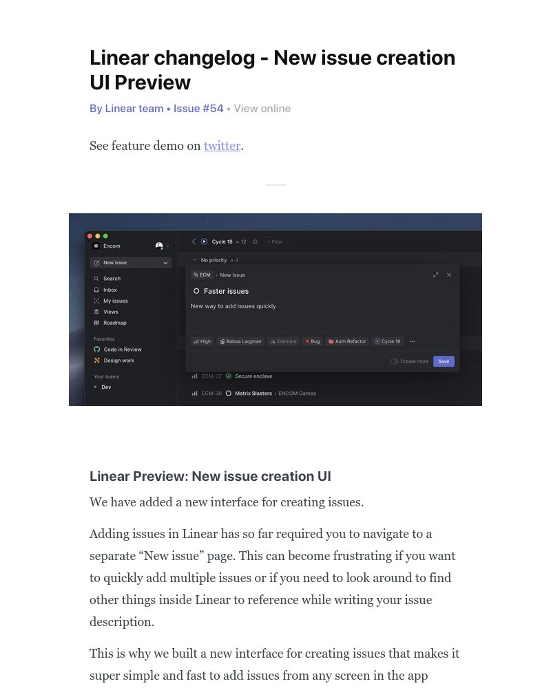 Linear - Linear changelog - New issue creation UI Preview