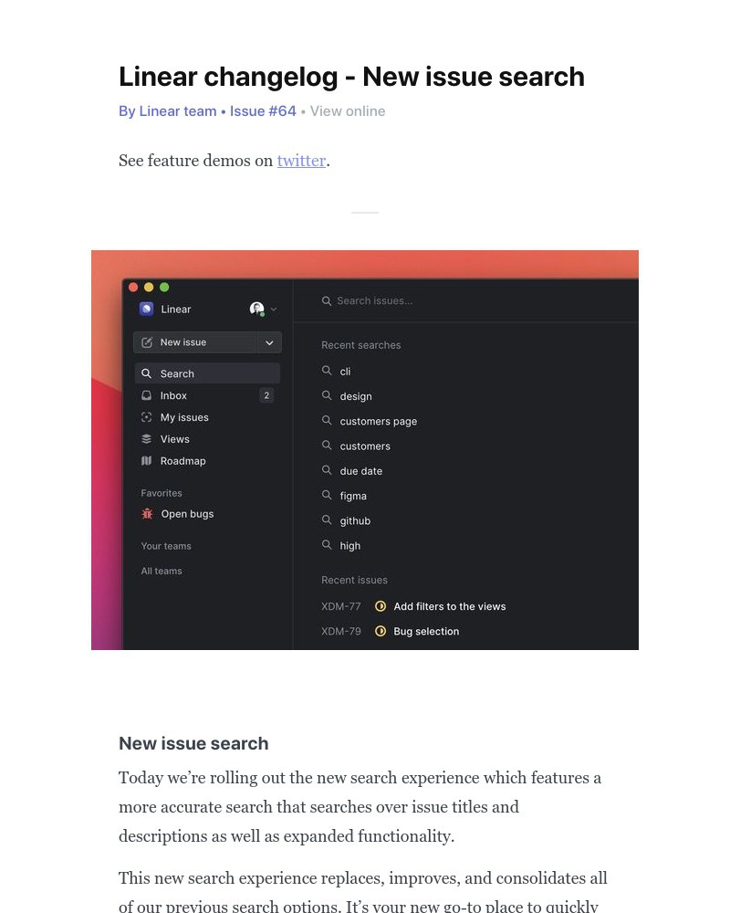 Linear - Linear changelog - New issue search