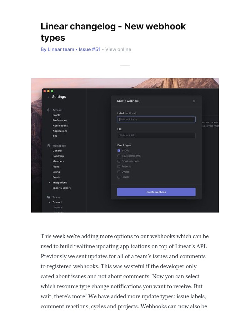 Linear - Linear changelog - New webhook types