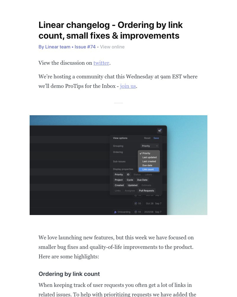 Linear - Linear changelog - Ordering by link count, small fixes & improvements