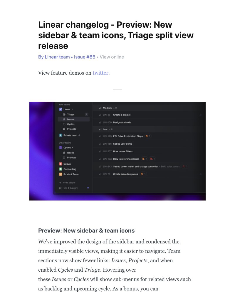 Linear - Linear changelog - Preview: New sidebar & team icons, Triage split view release