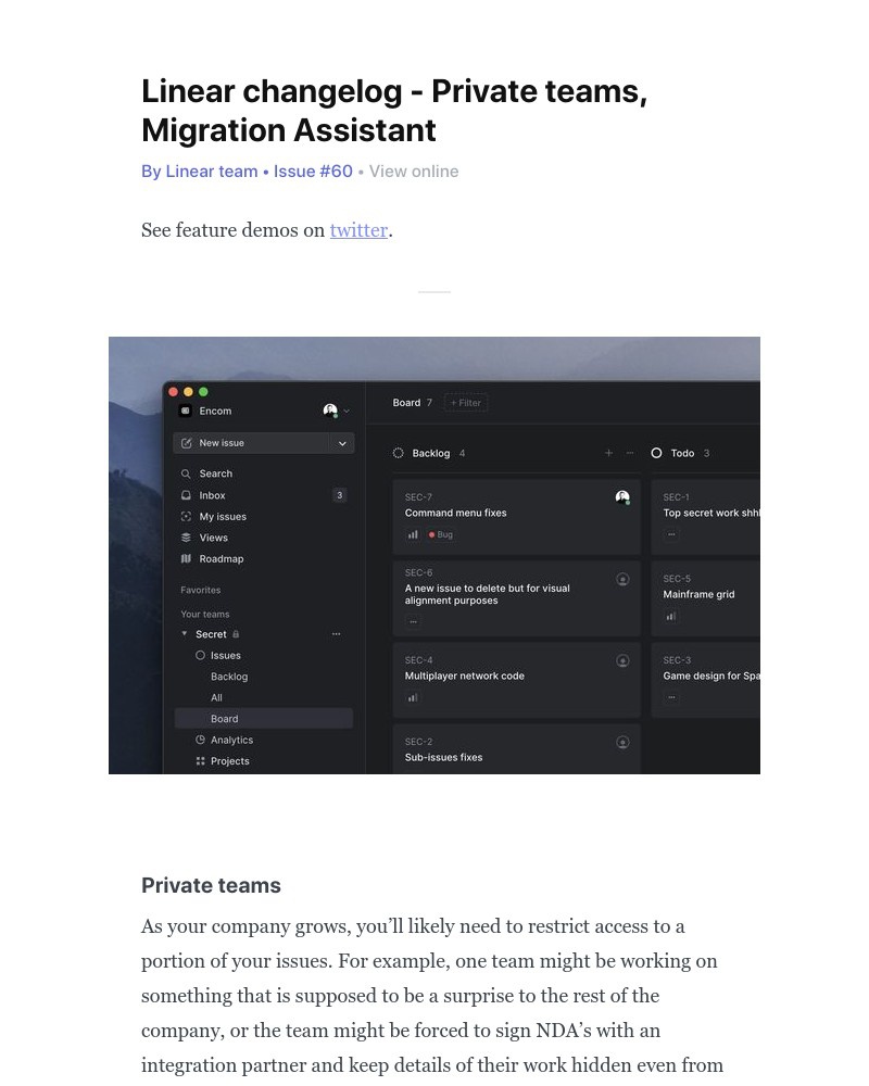 Linear - Linear changelog - Private teams, Migration Assistant