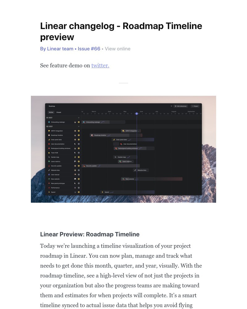 Linear - Linear changelog - Roadmap Timeline preview