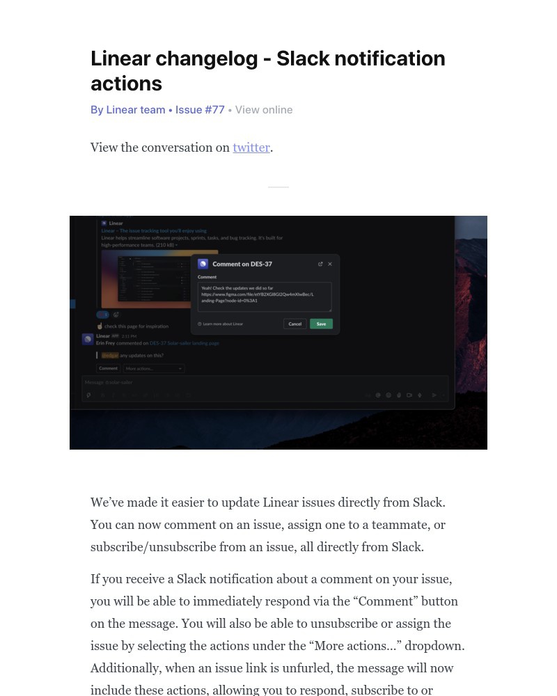 Linear - Linear changelog - Slack notification actions